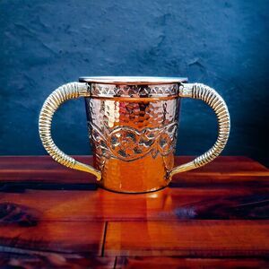 Oppenheim Hand Washing Cup Made in Israel - Copper Cup & Brass Rams Horn Handles